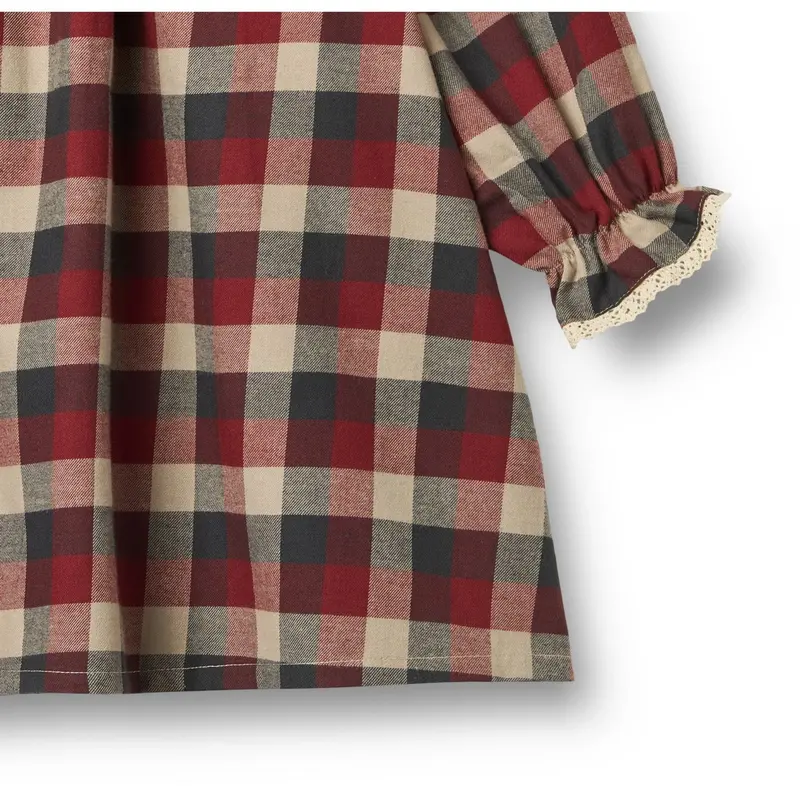 Wheat Red Blue Check Dress L/S Lace Bella 2