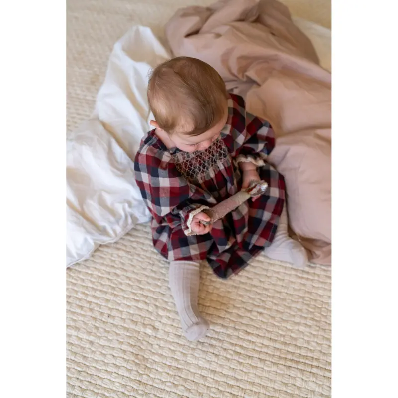 Wheat Red Blue Check Dress L/S Lace Bella 2