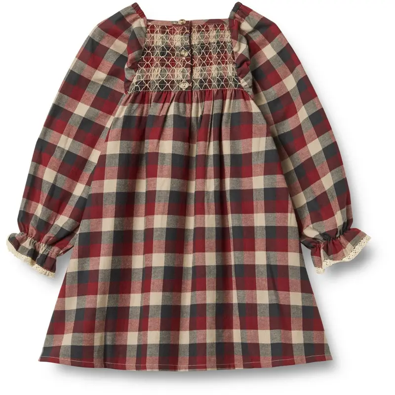 Wheat Red Blue Check Dress L/S Lace Bella 3