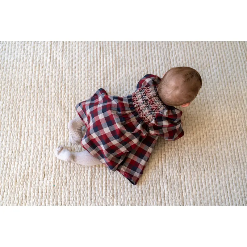 Wheat Red Blue Check Dress L/S Lace Bella 3