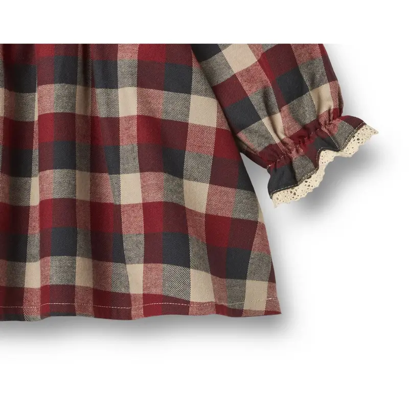 Wheat Red Blue Check Dress L/S Lace Bella 5