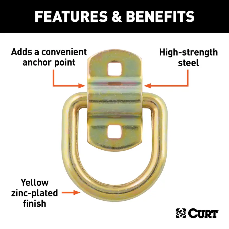 Curt 83740 Surface-Mounted 3-Inch D-Ring Tie-Down – Yellow Zinc Finish, 3-Pack, 600 Lb Rating 1